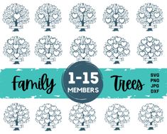 family tree clipart with hearts on each one and the words, 1 - 15 members