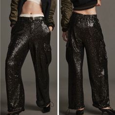 So Cool And So Stylish, This Glam Pair Of Cargo Pants Are Made From Extremely High Quality Sequined Fabric And Offer Side Slant Pockets, Side Cargo Pockets, Belt Hooks And Drawstring Hems. A Versatile Pair That Can Bring Just The Right Amount Of Shine To Any Outfit. Pair It With Your Favorite T-Shirt, Sweater, Button Down Or A Blazer, You’ll Just Feel Fabulous In It! Sequins Fabric! Lined! Run Slightly On The Larger Side! Size 0 Waist 14” Size 4 Waist 15” Size 12 Waist 17” Rise 12.5” Inseam 27” Cargo Pants Color, Sequined Fabric, Paper Bag Waist Pants, Flower Jeans, Sequins Fabric, Paperbag Pants, Linen Blend Pants, Tapered Trousers, Shirt Sweater