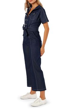 Contrast stitching heightens the utilitarian style of a short-sleeve denim jumpsuit cinched with a matching tie belt. Front button closure Spread collar Short sleeves Chest button-flap patch pockets; front slant pockets; back patch pockets Removable tie belt Unlined 100% cotton Hand wash, dry flat Imported Short Sleeve Denim Jumpsuit, Short Sleeve Denim, Utilitarian Style, Classic Corvette, Denim Jumpsuit, Dark Denim, Contrast Stitch, Tie Belt, Top Brands