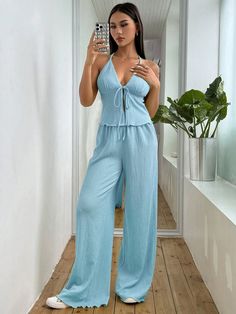 Textured Fabric Pleated Halter Neck Loose Wide Leg Pants Set Blue Sexy    Plain  Medium Stretch  Women Clothing, size features are:Bust: ,Length: ,Sleeve Length: Casual Blue Two-piece Bottoms, Chic Blue Two-piece Pants, Blue Two-piece Party Bottoms, Loose Wide Leg Pants, Textured Fabric, Halter Neck, All Fashion, Leg Pants, Women Clothing