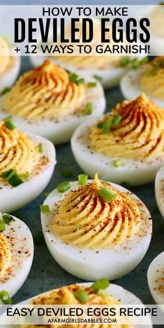 deviled eggs with garnish on top and text overlay