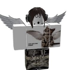 a cat with headphones and wings on it's face is standing in front of an open box