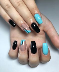 Simple Gel Polish Designs, Squoval Nails Design Black, Black And Blue Acrylic Nails, Teal And Black Nails, Teal Nails Acrylic, Coffin Acrylic Nails Design, Country Acrylic Nails, Cowboy Nails, Diy Acrylic Nails