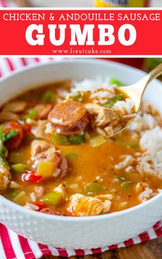 chicken and andoulie sausage gumbo in a white bowl with rice on the side