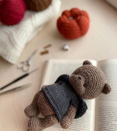 a crocheted teddy bear sitting on top of an open book