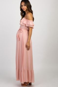 Pink Off Shoulder Tassel Tie Maternity Maxi Dress – PinkBlush Strapless Top Outfit, Maternity Shoot Dress, Pink Maternity Dress, Maternity Photo Outfits, Maternity Maxi Dress, Tie Maxi Dress, Maxi Dresses Fall, Maternity Maxi, Baby Shower Dresses