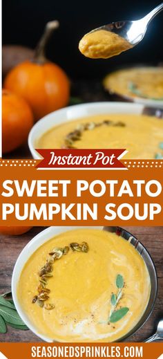 sweet potato pumpkin soup in a white bowl with a spoon on the side and an orange pumpkin behind it