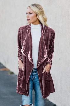 Draped in Velvet Cardigan – Amaryllis Apparel Trendy Cardigan For Night Out In Fall, Trendy Fall Cardigan For Night Out, Velvet Outerwear For Fall Party, Open Front Cardigan For Party In Fall, Open Front Cardigan For Fall Parties, Winter Night Out Open Front Outerwear, Velvet Outfits For Women, Velvet Jacket Women, Velvet Pleated Skirt