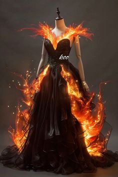 Dresses Inspired By Fire, Dip Dye Dress Diy, Fire Outfits Aesthetic, Fae Ball, Magical Gown, Dnd Outfits, Flame Dress, Water Dress, Phoenix Dress