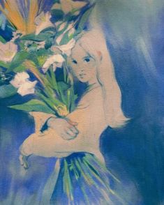 a painting of a woman holding flowers in her arms