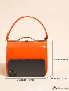 BirdinBag - Neon Orange Patent Leather Mini Box Bag - Stylish and Vibrant Portable Handheld Leather Box Bag, Rectangular Box Bag With Detachable Handle For Shopping, Rectangular Portable Shoulder Bag For Shopping, Portable Top Handle Box Bag For Shopping, Bucket Satchel With Top Carry Handle For Gift, Bucket Shaped Satchel With Top Carry Handle For Gift, Trendy Top Handle Box Bag, Large Capacity Top Handle Box Bag As Gift, Trendy Portable Leather Box Bag