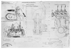 a drawing of an engine and parts for a carbuncing machine, from the early 1900's