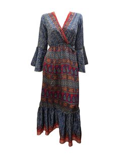 Material: 70% Silk & 30% Viscose  ( Recycled sari/saree fabric) Bust: 40'' Length: 52'' Sleeve Length: 22'' - Boho - Tiered maxi - Smock dress - Cross over neckline -Deep V-neck - Flowy - Ruffle hem - Butterfly sleeves - Abstract/paisley prints - Retro chic - Spring / Summer festival - RECYCLED SARI FABRIC RJ45 Festive Bollywood V-neck Maxi Dress, Traditional V-neck Maxi Dress With Boho Print, V-neck Kalamkari Print Dresses For Festive Occasions, Bohemian Floor-length Kurta For Festive Occasions, Bohemian Floor-length Festive Kurta, Bohemian Printed V-neck Kurta, Traditional Multicolor Long Sleeve Boho Dress, Multicolor Bohemian Maxi Dress For Navratri, Multicolor V-neck Dress For Navratri