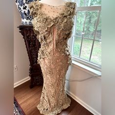 Beautifully Rhinestone And Lace Embellished Tan/Taupe Custom Gown Size 6 Pre-Owned Custom Made Dresses, Dresses Beautiful, Custom Gown, Embellished Gown, French Lace, Beautiful Gowns, Dress Making, Custom Made, Wedding Dresses