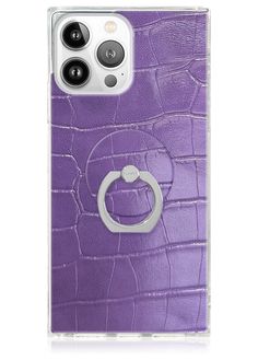 an iphone case with a ring in the middle and purple alligator skin on the back