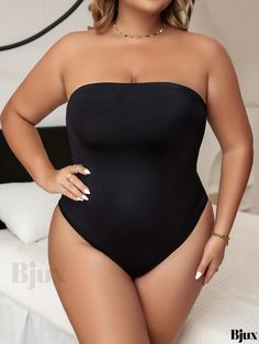 Bjux - Premium Plus Size Shapewear: Womens Solid Seamless Tummy Control Strapless Jumpsuit Body Shaper for a Sensual Figure Solid Strapless Smoothing Bodysuit, Stretch Smoothing Strapless Bodysuit, Strapless Smoothing Stretch Bodysuit, Strapless Stretch Smoothing Bodysuit, Solid Color Bandeau Shapewear, Shapewear Bandeau Bodysuit With Built-in Bra, Strapless Stretch Shapewear Bodysuit, Strapless Black Seamless Bodysuit, Black Strapless Seamless Bodysuit