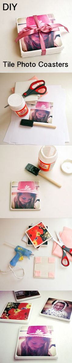 three different pictures with scissors, tape and other items on the same table as shown