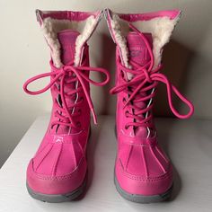 Preowned Pink Waterproof Lace-up Boots, Sporty Round Toe Rain Boots For Outdoor Activities, Sporty Pink Waterproof Boots, Sporty Waterproof Pink Boots, Sporty Rain Boots With Round Toe For Outdoor Activities, Sporty Insulated Rain Boots With Round Toe, Pink Weatherproof Winter Boots, Sporty Weatherproof Winter Rain Boots, Pink Waterproof Winter Boots With Round Toe