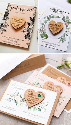 wedding stationery with wooden hearts and greenery on the front, inside and out