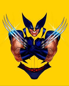 an image of wolverine with claws on his chest and eyes wide open, standing in front of a yellow background