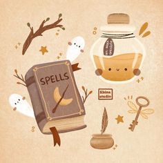 an illustration of a spell book surrounded by other items