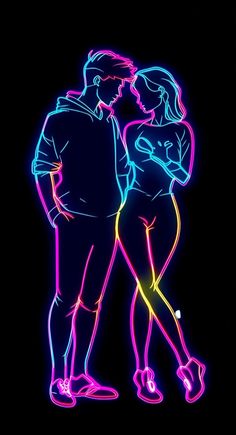 two people standing next to each other with neon lights in the shape of their bodies