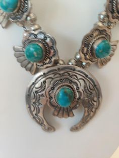 Marcella James Native American Turquoise Squashblossom in sterling silver  26 inches long 105 grams The Villages, Native American Turquoise, American Turquoise, Squash Blossom, Christmas Deals, Nativity, Native American, Accessory Gift, Jewelry Necklaces