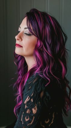 40 Prettiest Purple Hair Color Ideas To Make Your Hair Pop Highlights In Brown Hair, Colorful Highlights In Brown Hair, Colorful Highlights, Purple Hair Color Ideas, Purple Hair Color, Vivid Hair Color, Cute Hair Colors, Pastel Lavender, Bangs With Medium Hair