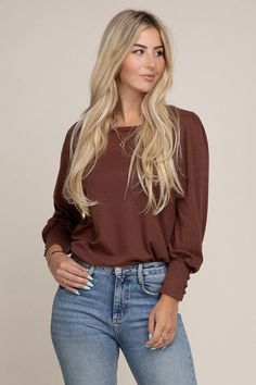 Fall Layering Blouse With Crew Neck, Brown Stretch Tops For Fall, Trendy Brown Long Sleeve Sweater, Trendy Brown Knit Top For Layering, Trendy Brown Long Sleeve Top For Fall, Brown Crew Neck Long Sleeve Top For Fall, Brown Long Sleeve Crew Neck Top For Fall, Brown Knit Crew Neck Top, Brown Crew Neck Knit Top For Layering