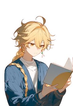 an anime character holding a book and looking down at it's face with long blonde hair