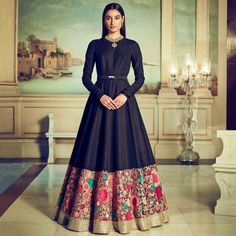 Winter weddings - Floor length anarkali gown. #indianweddings #bridalwear #winterweddings Black Indian Dress, वेस्टर्न ड्रेस, Party Hijab, डिजाइनर कपड़े, Silk Wedding Gown, Western Gown, Winter Wedding Outfits, Indo Western Gown