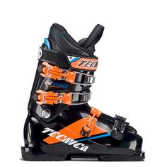 an orange and black ski boot on a white background