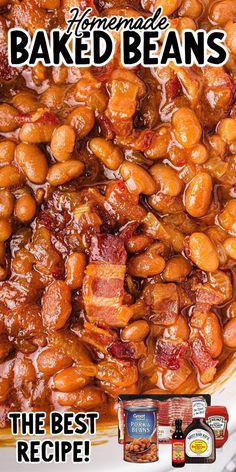 baked beans with bacon in a white bowl next to two jars of bbq sauce