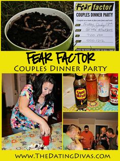 the flyer for fear factoror couples dinner party with pictures of people eating and drinking