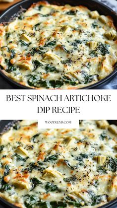 spinach artichoke dip recipe in a cast iron skillet with text overlay