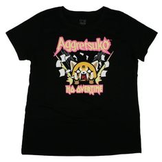 Jam out in this Sanrio Women's Plus-Sized Short-Sleeve T-Shirt! Aggretsuko, also known as Aggressive Retsuko, is an animated comedy where frustrated Retsuko, the red panda, copes with her daily struggles by participating in death metal karaoke after work. This tee features Retsuko and some "rock on" hand symbols, along with text reading "Aggretsuko" and "No Overtime." Made of vibrant pinks, oranges, yellows, and white, this design pops against the black shirt. This shirt was designed with qualit Sanrio Aggretsuko, Rock On Hand, Hand Symbols, Rock On, Red Panda, Plus Size Shorts, Mens Graphic Tee, Karaoke, Black Shirt