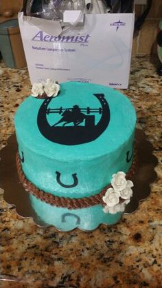 a blue cake sitting on top of a counter