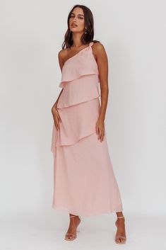 Delwyn One-Shoulder Maxi Dress Baby Pink Pastel Pink Midi Dress, Ice Pink Bridesmaid Dresses, Baby Pink Bridesmaid Dresses, Light Pink Formal Dress, Pink Selfie, Light Pink Bridesmaid Dresses, Pink Formal Dress, Pastel Pink Dress, Pink Dress Shoes