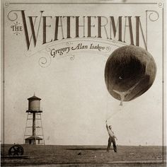 an advertisement for the weatherman with a man flying a hot air balloon