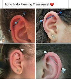 three different views of an ear with piercings on top and behind the ear are shown