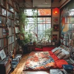 a bedroom with lots of books and plants in it