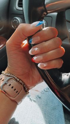 28 Stunning Fourth of July Nails Inspo 💅😍 Forth Of July Nails Almond Shape, 4th Of July Nails Almond Shape Simple, Cute Nails Summer Almond, Summer Gel Nails Ideas Fun 4th Of July, Short Almond Acrylic Nails 4th Of July, Summer White Nails Ideas, 4th Of July Nails Almond Short, Red White And Blue Aura Nails, Simple Memorial Day Nail Designs