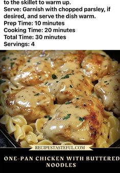 the recipe for chicken with buttered noodles is shown in an advertisement