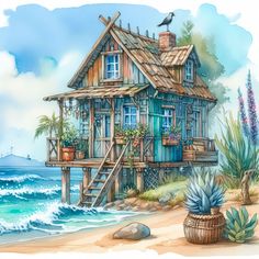 a drawing of a house on the beach with plants and flowers in front of it