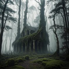 an old house in the middle of a forest with moss growing on it's roof