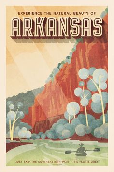 an advertisement for the natural beauty of arkansa's, featuring trees and mountains