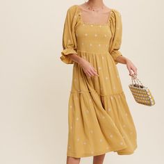 Dainty Floral Embroidered Puff Sleeve Dress In Mustard. Runs A Little Big. Can Wear The Sleeve On, Or Off Shoulder. Cotton Midi Dress With Floral Embroidery For Brunch, Square Neck Floral Embroidery Dress For Brunch, Fitted Embroidered Midi Dress For Brunch, Embroidered Puff Sleeve Spring Dresses, Spring Embroidered Puff Sleeve Dresses, Embroidered Fitted Midi Dress For Brunch, Embroidered Knee-length Midi Dress For Brunch, Puff Sleeve Maxi Dress, Floral Embroidery Dress