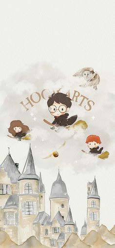 the hogwart's castle is depicted in this watercolor painting with harry potters flying over it