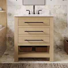 a bathroom with a sink, mirror and rug on the floor in front of it