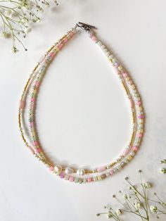 Super cute and beaded necklace stack! measures 15.5 inches Pink Gold Necklace, Acrylic Rose, Shell Beads Necklace, Necklace Stack, Misty Rose, Rose Necklace, Summer Necklace, Set Necklace, Shell Beads